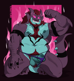 anthro balls beard body_hair chest_hair clothed clothing erection facial_hair facial_piercing flexing genitals glowing glowing_eyes grin hair horn horn_jewelry horn_ring humanoid_genitalia humanoid_penis jewelry kneeling looking_at_viewer male musclegut muscular muscular_anthro muscular_male navel nipples nose_piercing nose_ring penis piercing pubes purple_body red_hair ring_(jewelry) ring_piercing slightly_chubby slightly_chubby_anthro slightly_chubby_male smile solo teeth underwear underwear_only sinfulspikes mythology spikes_(sinfulspikes) dragon mythological_creature mythological_scalie scalie wingless_dragon 2023 hi_res