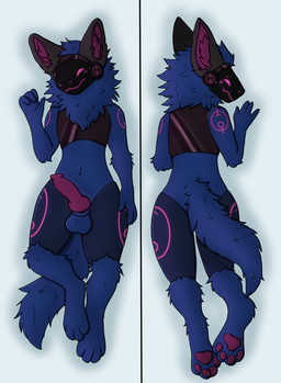4_fingers 4_toes animal_genitalia animal_penis anthro arm_tuft balls belly_tuft big_ears black_visor blue_background blue_body blue_fur blue_tail blush blush_lines canine_genitalia canine_penis dakimakura digitigrade ear_tuft elbow_tuft feet fingers fluffy fluffy_fur fluffy_tail front_view fur genitals grey_ears humanoid_hands knot looking_at_viewer machine male navel neck_tuft pawpads paws penis pink_inner_ear pink_pawpads pink_penis pose raised_arm rear_view screen screen_face simple_background smile solo symbol symbol_on_thigh symbol_tattoo tail toes tuft visor cylix nexus_(cylix) protogen absurd_res hi_res superabsurd_res
