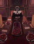 anthro blood blood_on_clothing blood_on_table blood_splatter bodily_fluids carving_fork chair cleaver clothing cutlery eyewear female fireplace food fork furniture glasses implied_amputation inside kitchen_utensils knife logo looking_at_viewer maid_headdress maid_uniform meat napkin purple_body purple_scales raw_meat round_glasses scales solo table tools uniform wearing_glasses chimeracauldron joan?_(chimeracauldron) chimera absurd_res artist_logo digital_media_(artwork) digital_painting_(artwork) hi_res painting_(artwork)
