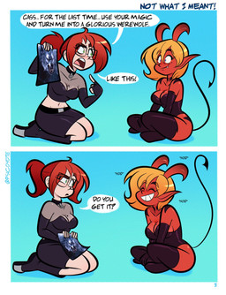 biped black_clothing blonde_hair blue_eyes border breasts cleavage clothed clothed_female clothed_human clothed_humanoid clothing collar curved_horn dialogue duo eye_through_hair eyebrow_through_hair eyebrows eyelashes eyelashes_through_hair eyewear female female_human female_humanoid fingerless_gloves fully_clothed fully_clothed_female fully_clothed_human fully_clothed_humanoid glasses gloves grin hair handwear holding_photo horn kneeling leotard line_tail looking_at_another midriff mole_under_mouth navel page_number plantar_flexion ponytail red_body red_hair red_skin smile smiling_at_another snaggle_tooth spade_tail speech_bubble tail text thin_tail title toony translucent translucent_hair wearing_glasses white_border psicoyote mythology veronica_(psicoyote) canid canine demon demon_humanoid horned_humanoid human humanoid mammal mythological_canine mythological_creature werecanid werecanine werecreature werewolf artist_name comic english_text hi_res