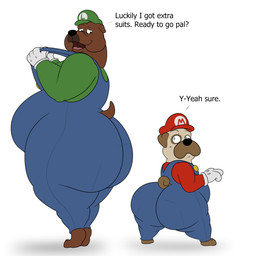 anthro big_butt black_eyes black_nose blue_clothing blue_eyes blue_overalls brown_body brown_ears brown_fur brown_tail butt clothing cosplay costume crossover_cosplay curled_tail duo fur gloves green_clothing green_hat green_headwear green_shirt green_topwear halloween_costume handwear hat headgear headwear holidays huge_butt looking_at_another looking_back male multicolored_body multicolored_fur obese obese_anthro obese_male overalls overweight overweight_anthro overweight_male pose question question_mark red_clothing red_hat red_headwear red_shirt red_topwear shirt short_tail side_view simple_background size_difference standing tail text thick_thighs topwear two_tone_body two_tone_fur two_tone_hat white_background white_clothing white_gloves white_handwear white_hat white_headwear colossalstars halloween mario_bros nintendo bendro_(colossalstars) billy_(colossalstars) bulldog canid canine canis domestic_dog mammal mastiff molosser pug small_molosser toy_dog 1:1 2025 absurd_res crossover digital_media_(artwork) english_text hi_res
