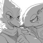 1:1 5_fingers anthro avian beak bird cel_shading chameleon claws clothed clothing duo falco_lombardi fingers greyscale kiiko leon_powalski lizard looking_aside looking_at_another low_res male monochrome nintendo reptile scalie shaded simple_background smile star_fox white_background
