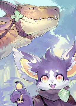 4_fingers amber_eyes anthro badge big_ears black_claws claws clothed clothing detailed_background duo feral fingers fur gesture hand_gesture harness horn kemono looking_at_viewer multicolored_body multicolored_fur open_mouth orange_inner_ear pawpads pink_nose pink_tongue plant pointing purple_body purple_fur scales small_nose smile teeth tongue tree whiskers white_body white_fur yellow_body yellow_inner_ear yellow_pawpads yellow_scales yellow_skin rakurobit mythology dragon felid feline mammal mythological_creature mythological_scalie scalie hi_res pastel_theme