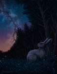 blurred_foreground female feral forest glistening glistening_eyes grass long_ears looking_back looking_up night outside plant sky solo star starry_sky tall_grass tree whiskers kippycube snowaurus hare lagomorph leporid mammal 2022 detailed digital_media_(artwork) signature watermark