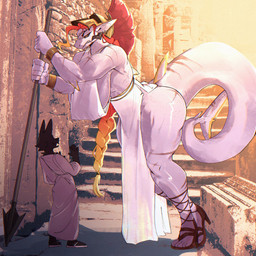 anthro armor big_breasts braided_hair breasts butt clothing curvy_figure duo female fin footwear freckled_butt freckled_face freckled_shoulders freckles hair headgear helmet high_heels huge_breasts larger_female long_hair male male/female melee_weapon orange_hair polearm scar scars_all_over sharp_teeth shoes size_difference smaller_male spear stairs tail tail_fin teeth thick_tail thick_thighs weapon x_scar titanogoro aquatic canid canine fish mammal shark 1:1 hi_res