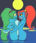 anthro big_breasts breast_squish breasts breasts_frottage butt butt_grab duo female female/female gills green_hair hair hand_on_butt nipples non-mammal_breasts non-mammal_nipples ponytail red_hair sharp_teeth smile squish teeth tryfag scalie_schoolie undertale undertale_(series) liska_(scalie_schoolie) undyne fish helmeted_lizard lizard marine plumed_basilisk reptile scalie 2018 hi_res