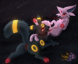 anus black_body black_fur blush bodily_fluids cunnilingus dialogue duo feet female female/female feral feral_on_feral forehead_gem forked_tail fur gem genital_fluids genitals heart_symbol looking_pleasured markings moan oral pawpads paws pink_body pink_fur pussy_juice_on_muzzle red_eyes saliva sex soles tail text toes tongue tongue_out unusual_anatomy unusual_tail vaginal vaginal_fluid_string vaginal_fluids vulva yellow_markings astralia_(art) nintendo pokemon eeveelution espeon generation_2_pokemon pokemon_(species) umbreon english_text hi_res watermark