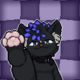 anthro black_body black_fur collar fur hair looking_at_viewer male pattern_background pawpads paws simple_background smile solo dante_kurutta_(artist) nivu domestic_cat felid feline felis mammal 1:1 animated digital_media_(artwork) pixel_(artwork)
