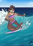 anthro bikini bikini_bottom bikini_top clothing female hair ponytail sea solo surfboard surfing swimwear two-piece_swimsuit water wave arwenscoots conditional_dnp mammal mustelid otter sea_otter hi_res