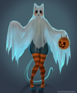 ambiguous_gender anthro clothing cosplay costume food fruit holidays legwear plant pumpkin solo stockings thick_thighs wide_hips ariwalter halloween domestic_cat felid feline felis ghost mammal spirit 5:6 hi_res