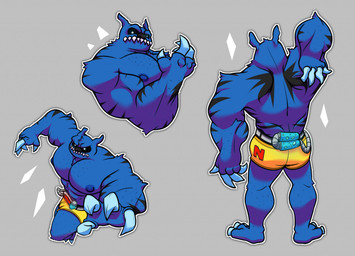 abs action_pose anthro bareback biceps blue_body blue_eyes bottomwear claws clothing fur grey_background male muscular muscular_anthro muscular_male nipples pecs pose shorts simple_background solo virdemis activision crash_bandicoot_(series) ratcicle titan_(crash_bandicoot)