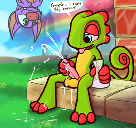 3_toes anthro anthro_focus balls big_nose blue_eyes blush bodily_fluids claws cum cum_on_feet cum_on_ground cum_on_hand curled_tail detailed_background dialogue duo erection feet female fur genital_fluids genitals glans grass green_body green_eyes green_scales half-closed_eyes holding_object humanoid_genitalia humanoid_penis long_tail looking_down male male_focus masturbation narrowed_eyes open_mouth orange_inner_ear outside penile penile_masturbation penis pink_glans pink_penis plant potion pupils purple_body purple_fur rainbow red_body red_claws red_nose red_scales scales sitting solo_focus speech_bubble star_eyes tail text toe_claws toes tongue tongue_out yellow_balls yellow_body yellow_scales ultilix playtonic_games yooka-laylee laylee yooka bat chameleon lizard mammal reptile scalie 2025 aliasing digital_media_(artwork) english_text