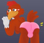 anthro beak big_bulge black_eyes blush bulge butt clothed clothing crossdressing feathers grey_background male orange_beak panties panties_only pink_clothing pink_panties pink_underwear red_body red_feathers simple_background smile solo topless underwear underwear_only white_body white_feathers gramy disney the_three_caballeros panchito_pistoles avian bird chicken galliform gallus_(genus) phasianid