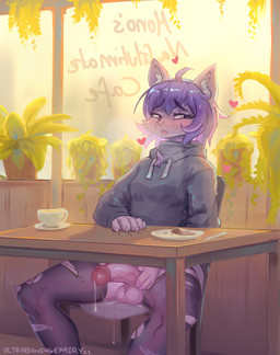 anthro aroused balls beverage big_penis black_clothing black_hoodie black_topwear bodily_fluids breasts chair clothing coffee container cup cute_fangs exhibitionism fangs food fur furniture genital_fluids genitals gynomorph gynomorph_anthro hair heart_symbol hoodie humanoid_genitalia humanoid_penis inner_ear_fluff inside intersex intersex_anthro legwear looking_aside looking_pleasured masturbation penis plant plant_pot potted_plant precum public_masturbation purple_body purple_fur purple_hair sitting small_breasts solo spread_legs spreading stealth_masturbation stockings teeth text topwear torn_clothing torn_legwear torn_stockings tuft ultrabondagefairy ultra_(ultrabondagefairy) domestic_cat felid feline felis mammal 2023 absurd_res archived_source digital_media_(artwork) english_text hi_res
