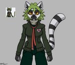 anthro black_body black_fur black_stripes bottomwear breasts brown_eyes clothed clothing female front_view fur green_bottomwear green_clothing green_hair green_pants green_shirt green_topwear grey_background grey_body grey_fur grey_scarf hair half-closed_eyes heart_symbol jacket looking_at_viewer markings narrowed_eyes necktie open_clothing open_jacket open_topwear orange_sclera pants pupils red_necktie scarf shirt simple_background solo standing striped_body striped_fur striped_markings striped_tail stripes tail tail_markings topwear white_body white_fur ai_assisted ai_generated_reference felino danganronpa spike_chunsoft fan_character lemur mammal primate strepsirrhine 2022 hi_res