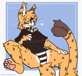 :3 anthro arm_tuft blush clothing collar countershading dotted_fur forked_tail heart_symbol inner_ear_fluff looking_at_viewer male male_anthro one_eye_closed pattern_clothing pattern_underwear shoulder_tuft solo striped_clothing striped_underwear stripes tail tongue tuft underwear unusual_anatomy unusual_tail whiskers caeleste leo_(cosmicservalleo) felid feline mammal serval 2025