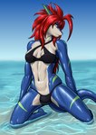 anthro bikini black_clothing black_swimwear bottomwear breasts bulge clothed clothing dripping_water glistening glistening_body green_eyes gynomorph hair intersex kneeling long_hair looking_at_viewer midriff navel red_hair sand sea simple_background sky smile solo stripes swimwear two-piece_swimsuit water wet wet_body za-owl kalani_(za-owl) fish marine shark 2023 absurd_res digital_drawing_(artwork) digital_media_(artwork) hi_res