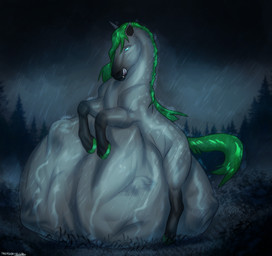 abdominal_bulge ambiguous_gender ambiguous_pred belly big_belly blue_eyes feral feral_pred green_hair grey_body hair raining struggling struggling_prey tongue vore paradoxinhead celtic_mythology european_mythology mythology equid equine horse kelpie mammal mythological_creature mythological_equine hi_res