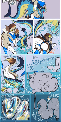 ambiguous_gender anthro big_breasts breasts butt clothing duo entwined_tails female feral flush_vore flushed_down flushing_toilet head_horn heart_symbol horn liquid mixing one-piece_swimsuit pipe poster sound_effects swimming_pool swimwear tail tail_coil thick_tail toilet eclairscollection nintendo pokemon eeveelution generation_1_pokemon generation_6_pokemon mega_absol mega_evolution pokemon_(species) vaporeon absurd_res comic hi_res