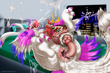 4_arms all_the_way_through antennae_(anatomy) anthro anthro_on_feral anus arthropod_abdomen arthropod_abdomen_anus arthropod_abdomen_genitalia arthropod_abdomen_penis bedroom bestiality big_anus big_penis bodily_fluids cloacal cloacal_penetration compound_eyes cum duo excessive_cum excessive_genital_fluids feathers feet female feral from_front_position genital_fluids genitals grey_feet grey_hands insect_wings inside lepidopteran_wings lying male male/female missionary_position multi_arm multi_limb multicolored_body neck_tuft night on_back open_mouth penetration penile penile_penetration penis penis_in_cloaca pink_body pink_feathers pseudo_pupils red_body sex sex_toy striped_abdomen stripes tuft white_body white_feathers wings yellow_antennae yellow_eyes sweet_yissus dragoina_the_lovebird vega_frith arthropod cecropia_moth insect lepidopteran moth saturniid absurd_res hi_res