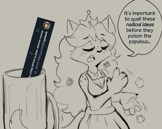 accessory anthro breasts cat_tail claws clothed clothing crown dress dusting_hands dusting_off_self eyelashes eyes_closed fangs female flower flower_in_hair freckled_face freckled_shoulders freckles gesture hair hair_accessory hand_gesture headgear jewelry long_eyelashes long_hair necklace plant small_breasts solo teeth text trash trash_can tuft muhny princess_nino_(muhny) domestic_cat felid feline felis mammal english_text