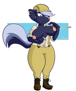 4_fingers airborne_object anthro big_breasts blue_body blue_fur blue_hair breasts button_(fastener) button_pop clothed clothing crossgender female fingers flat_cap fur hair hat headgear headwear mtf_crossgender nipples overalls simple_background solo standing thick_thighs unbuttoned wardrobe_malfunction wide_hips freepancakes animal_crossing nintendo kicks_(animal_crossing) mammal mephitid skunk striped_skunk 2018 digital_media_(artwork) hi_res