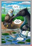 accipitrid accipitriform avian bald_eagle bird bitterstrawberries comic common_loon duo eagle embarrassed english_text female feral grass hi_res laurel_(bitterstrawberries) lily_pad loon plant reflection sea_eagle shoreline swimming text water zandra_(bitterstrawberries)