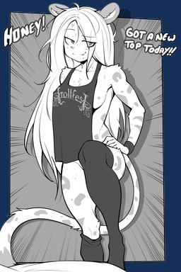 anthro biped breasts clothed clothing dialogue eyelashes female fur hair legwear long_hair markings nipple_outline pupils simple_background smile solo spots spotted_body spotted_fur tail text thigh_highs sicmop fuf_(character) felid hybrid leopard mammal pantherine 2:3 absurd_res alpha_channel english_text hi_res