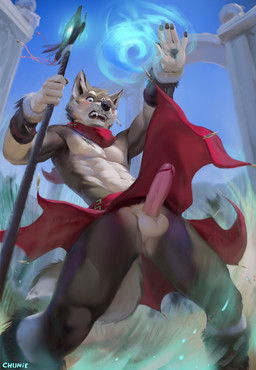 abs accident accidental_exposure anthro armor athletic athletic_anthro athletic_male balls blush boots bottomwear bracers claws clothed clothing embarrassed erection footwear foreskin fur genitals glans humanoid_genitalia humanoid_penis ineffective_clothing ineffective_loincloth loincloth loincloth_flip magic male no_underwear penis pink_glans public public_erection public_exposure retracted_foreskin shaft_divide shoes sky solo staff surprised topless vein veiny_penis wardrobe_malfunction chunie rhune canid canine canis mammal wolf 2019 adobe_photoshop_(artwork) digital_media_(artwork) digital_painting_(artwork) hi_res painting_(artwork)