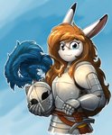 anthro armor blue_background blue_eyes brown_hair facial_scar female gradient_background hair headgear helmet knight long_hair looking_at_viewer melee_weapon scar simple_background smile solo sword warrior wavy_mouth weapon otakuap aleanora armorbun lagomorph leporid mammal rabbit 2020 digital_media_(artwork) hi_res signature