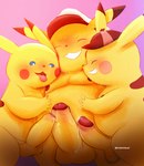 anthro balls belly blue_eyes clothing erection eyes_closed foreskin genitals group hat headgear headwear humanoid_genitalia humanoid_penis male male/male moobs nipples overweight overweight_male penis penis_size_difference pink_background simple_background trio yellow_body dober nintendo pokemon detective_pikachu puka_(pokemon) generation_1_pokemon pikachu pokemon_(species) 2023 hi_res