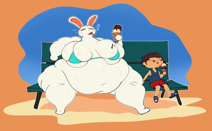 anthro belly bench big_belly big_breasts big_butt bikini bikini_top bikini_top_only bodily_fluids bottomless bottomless_female breast_squish breasts butt clothed clothing deep_navel dessert duo exhausted exposed_belly fat_arms fat_rolls female food huge_belly huge_breasts huge_butt hyper ice_cream larger_female male male/female navel obese obese_female overweight overweight_female rabbit_ears sitting size_difference small_clothing sprawled_legs squish sweat sweatdrop sweaty_body sweaty_breasts sweaty_legs swimwear thick_thighs tight_clothing tight_topwear topwear topwear_only two-piece_swimsuit wide_hips neetbean animal_crossing nintendo ruby_(animal_crossing) villager_(animal_crossing) human lagomorph leporid mammal rabbit absurd_res hi_res