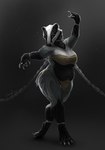 4_toes 5_fingers anthro black_body black_fur black_nose breasts clothed clothing digitigrade feet female fingers fur grey_body grey_fur solo toes white_body white_fur safiru badger mammal mustelid musteline 2022 digital_media_(artwork) hi_res