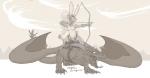 2018 anthro arrow_(weapon) bow_(weapon) breasts claws clothed clothing digital_media_(artwork) dragon duo english_text featureless_breasts female feral foxmode hi_res holding_object holding_weapon lagomorph leporid male mammal membrane_(anatomy) membranous_wings mythological_creature mythological_scalie mythology open_mouth rabbit ranged_weapon scalie tail teeth text tongue weapon wings