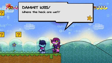 anthro bodily_fluids clothed clothing dialogue duo female humor male parody screencap screencap_background style_emulation sweat sweatdrop text text_box notyoursagittarius deltarune kris_where_are_we mario_bros nintendo paper_mario undertale_(series) kris_dreemurr susie_(deltarune) dinosaur human mammal prehistoric_species reptile scalie 16:9 2021 english_text meme widescreen