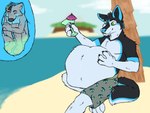 anthro beach belly beverage big_belly bodily_fluids clothing duo hand_on_belly inside_stomach internal male male/male male_pred male_prey palm_tree plant sand sea stomach_acid swimming_trunks swimwear tree umbrella_drink vore water kurowolfboy leo_(thetwfz) canid canine canis mammal wolf 2013