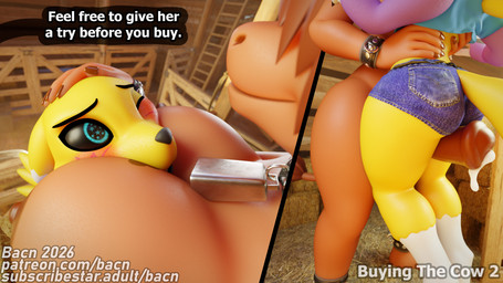animal_genitalia animal_penis anthro bell big_breasts blush bodily_fluids bottomwear breasts clothed clothed/nude clothing collar cowbell cowbell_collar cuffs_(clothing) cum dialogue dripping duo equine_genitalia equine_penis erection eyebrows femboy fingers genital_fluids genitals gynomorph hair hands_on_waist head_between_breasts huge_breasts intersex intersex/male male nipples nude penile penis penis_between_thighs precum precum_drip shorts size_difference smile speech_bubble standing tail text topwear white_body yellow_body bacn bandai_namco digimon renamon_(bacn) bovid bovine canid canine canis digimon_(species) fox mammal renamon 16:9 2026 3d_(artwork) 4k absurd_res blender_(artwork) blender_cycles_(artwork) comic digital_media_(artwork) english_description english_text hi_res widescreen