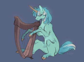 cloven_hooves eyes_closed female feral green_body harp hooves horn musical_instrument plucked_string_instrument simple_background sitting solo string_instrument unicorn_horn hazepages friendship_is_magic hasbro my_little_pony mythology lyra_heartstrings_(mlp) equid equine mammal mythological_creature mythological_equine unicorn hi_res