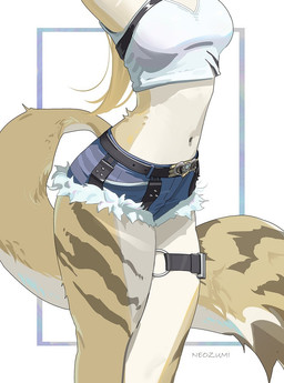anthro big_tail bra clothing female fluffy fluffy_tail hair markings multicolored_body ponytail solo sports_bra striped_markings stripes tail thick_thighs torso_shot two_tone_body underwear yellow_body neozumi mihoyo zenless_zone_zero pulchra_fellini felid mammal hi_res