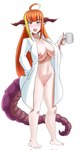 ahoge bathrobe bathrobe_only big_breasts breasts clothing container cup cute_fangs dragon_horn dragon_tail fangs female genitals hair hand_in_pocket highlights_(coloring) holding_container holding_cup holding_object horn humanoid_pointy_ears looking_at_viewer navel nipples nude open_mouth orange_hair pockets pointy_ears pussy red_eyes robe solo tail teeth yawn inkrait hololive mythology vtuber coco_kiryu animal_humanoid dragon dragon_humanoid horned_humanoid humanoid mythological_creature mythological_scalie scalie 2023 hi_res