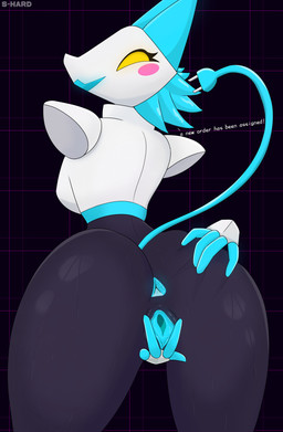 anal_fluids anthro anus black_body blue_anus blue_body blue_ears blue_fingers blue_hair blue_vulva bodily_fluids butt butt_grab clothing cord_tail female genital_fluids genitals glistening glistening_body glistening_butt glistening_genitalia glistening_vulva hair hand_on_butt looking_at_viewer looking_back machine no_irises no_pupils open_mouth simple_background solo spread_vulva spreading tail text unusual_anatomy unusual_tail vaginal_fluids vulva white_body yellow_eyes s-hard deltarune undertale_(series) tasque_manager digital_creature domestic_cat felid feline felis mammal robot robot_anthro 2026 absurd_res artist_name digital_drawing_(artwork) digital_media_(artwork) hi_res