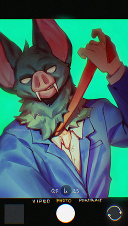 5_fingers clothed clothing collar fangs fingers for_a_head fur holding_leash holding_object leash looking_at_viewer male phone_screen picture_frame seductive simple_background smile solo suit teeth text topwear hauringu dispatch sonar_(dispatch) animal_head animal_humanoid bat bat_humanoid humanoid mammal mammal_humanoid 2025 digital_media_(artwork) english_text hi_res