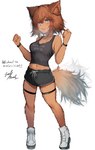 anthro athletic_wear blue_eyes blush brown_body brown_fur clothing female female_anthro fluffy fluffy_tail footwear fur legband looking_at_viewer monster_girl_(genre) navel open_mouth ring shoes solo tail thighband wristband tabhead monster_musume polt_(monster_musume) canid japanese_kobold mammal absurd_res hi_res