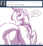 2011 ask_blog ask_princess_molestia butt crown cutie_mark dialogue english_text equid equine fan_character feathered_wings feathers female feral friendship_is_magic hair hasbro headgear horn john_joseco long_hair looking_at_viewer looking_back mammal monochrome my_little_pony mythological_creature mythological_equine mythology princess princess_celestia_(mlp) princess_molestia rear_view royalty simple_background solo tail text third-party_edit tiara tongue tongue_out tumblr white_background winged_unicorn wings