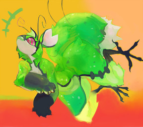 abstract_background action_pose antennae_(anatomy) anthro biped claws feet female female_anthro fluffy fluffy_tail green_body looking_at_viewer navel nude pose smile solo tail talons toes mighty-whydah kiiwii arthropod insect 2020 digital_drawing_(artwork) digital_media_(artwork)