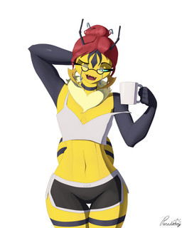 anthro arthropod_abdomen bottomwear clothed clothing container cup eyewear female flat_chested glasses green_eyes hair hand_behind_head looking_at_viewer midriff mug navel open_mouth shirt shorts simple_background solo tank_top topwear yellow_body conditional_dnp paradoxing victoria_(paradoxing) arthropod bee hymenopteran insect 2025 4:5 digital_media_(artwork) digital_painting_(artwork) hi_res painting_(artwork) signature