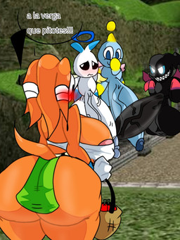 anthro apple big_breasts big_butt big_penis black_body blue_body blush bottomwear breasts butt clothing female food fruit genitals group huge_breasts huge_butt huge_penis loincloth male orange_body penis plant surprised text white_body wannapossums sega sonic_adventure sonic_the_hedgehog_(series) tikal_the_echidna chao_(sonic) dark_chao echidna hero_chao mammal monotreme 3:4 spanish_text