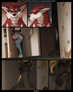 angry anthro barefoot black_hair black_nose blonde_highlights bodily_fluids chin_piercing clothed clothed_anthro clothed_female clothed_male clothing crying duo eyebrow_piercing eyebrows facial_piercing feet female fur grey_body grey_fur hair highlights_(coloring) hindpaw male markings multicolored_body multicolored_fur page_number paws piercing red_body red_fur scar scars_all_over self_hug shaking shirt spots spotted_body spotted_fur standing tears teeth text tongue topless topless_anthro topless_male topwear tremble_spikes trembling two_tone_body two_tone_fur waking_up white_body white_fur myfurrymind ruby_(myfurrymind) zeke_(myfurrymind) canid canine canis domestic_dog husky hyena mammal nordic_sled_dog siberian_husky spitz spotted_hyena 2025 4:5 colored comic english_text hi_res watermark