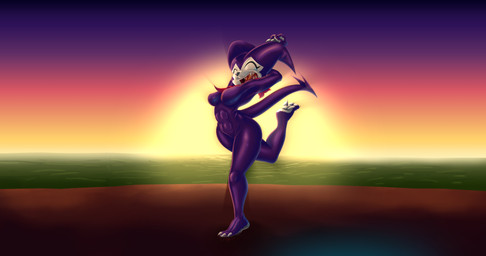 3_toes anthro biped eyes_closed feet female kerchief multicolored_body open_mouth purple_body purple_skin solo stretching tail toes two_tone_body yawn yawning_position alcoholictails bandai_namco digimon digimon_(species) imp impmon absurd_res hi_res