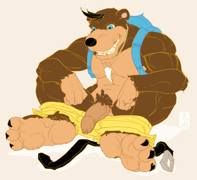 admiring backpack belt blue_eyes brown_body brown_fur feet flaccid foreskin fur genitals hairy hindpaw humanoid_genitalia humanoid_penis jewelry male necklace paws penis pubes simple_background sitting solo tail teeth white_background fydbac banjo-kazooie rareware banjo_(banjo-kazooie) bear brown_bear grizzly_bear mammal ursine